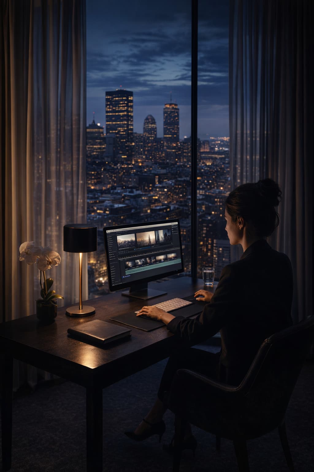 A luxury AI media studio creative professional crafting cinematic film from still imagery, seated at a glowing desk overlooking the Boston skyline at blue hour.