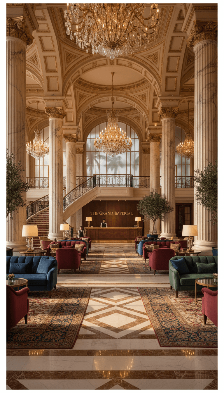 Luxury hotel lobby with marble columns and elegant architectural details