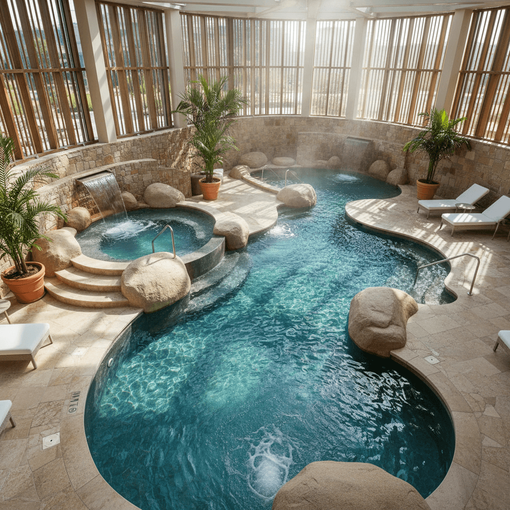 Luxury spa area with heated pools and natural stone elements