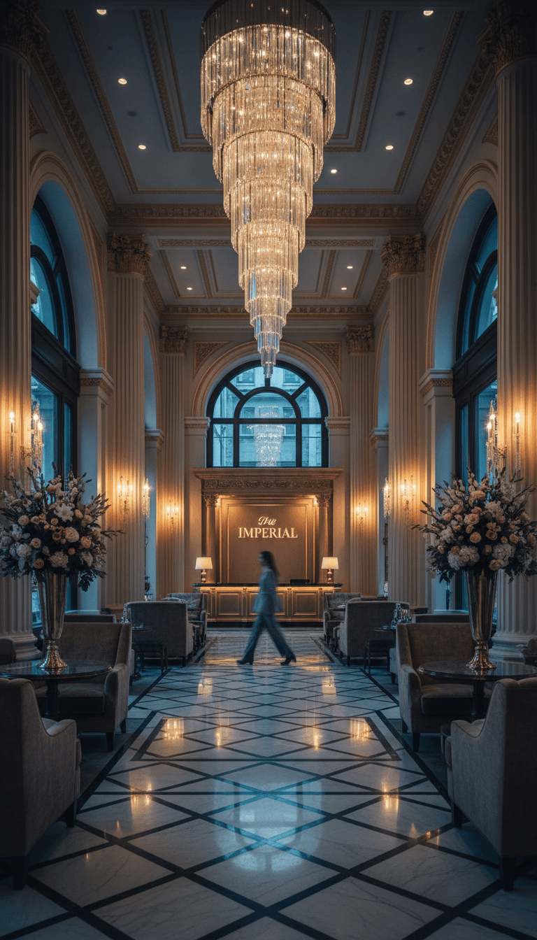 Luxury hotel lobby interior at twilight with grand chandelier
