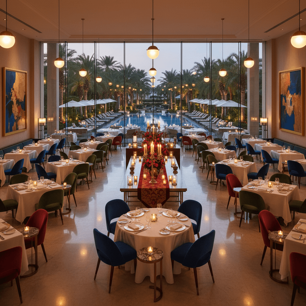 Upscale resort restaurant with candlelit ambiance and landscape views