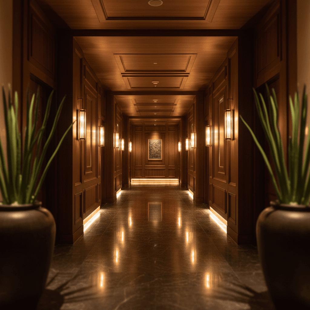 Elegant resort hallway with warm accent lighting