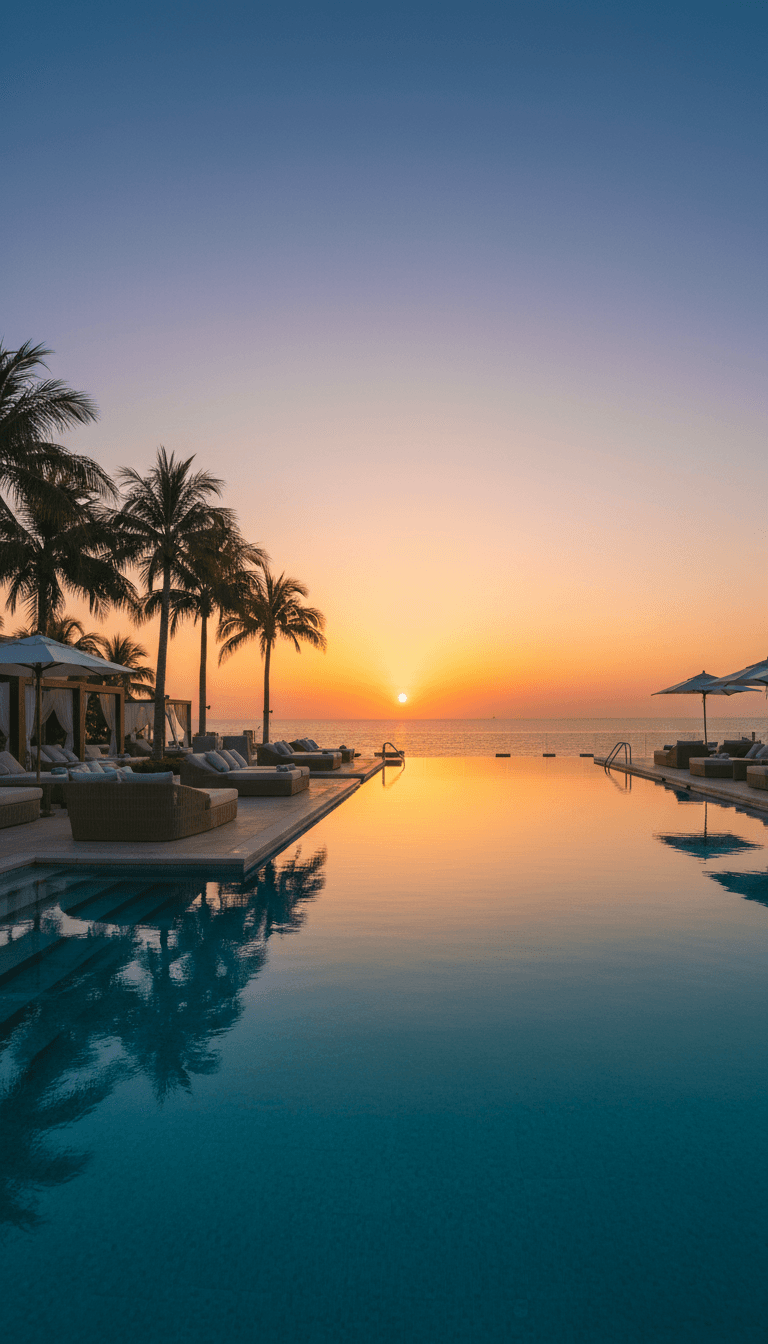 A cinematic moody aesthetic vertical shot of a high-end resort pool area at golden hour