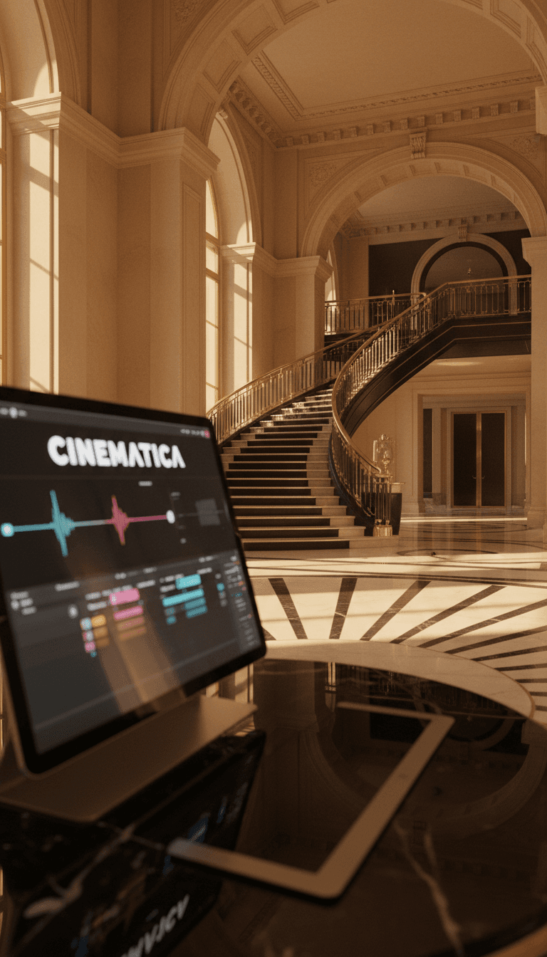 Luxury hotel lobby with cinematic promotional film playing on a large screen