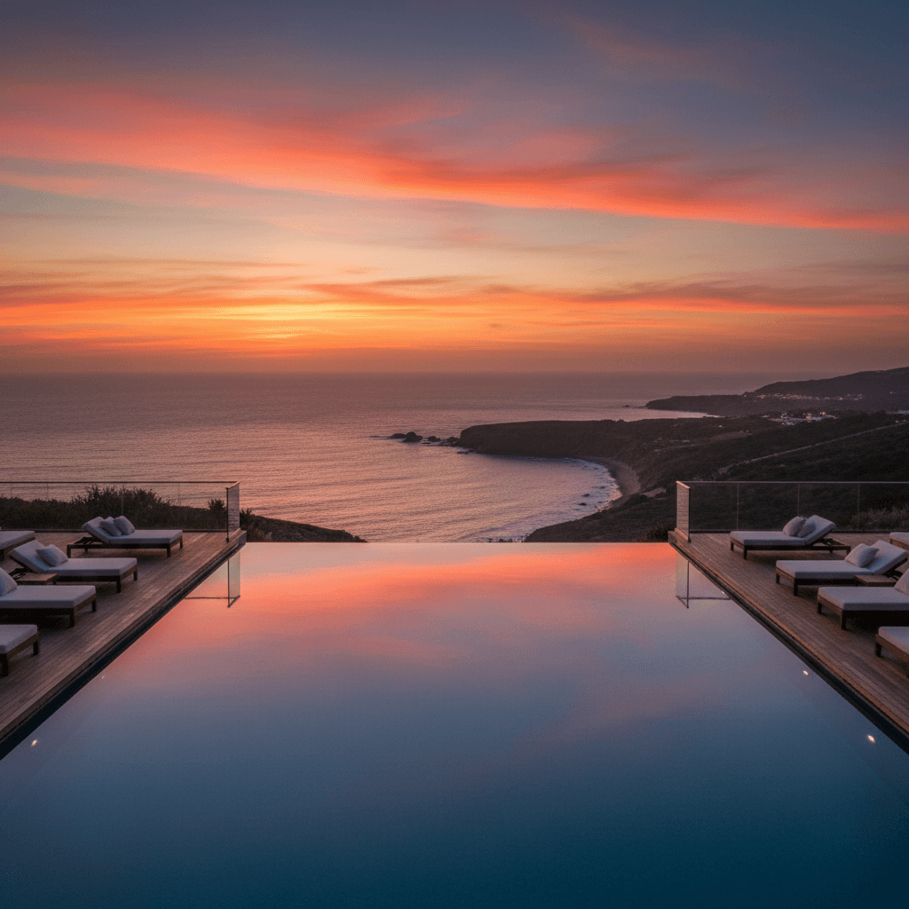 Resort infinity pool overlooking coastline at sunset