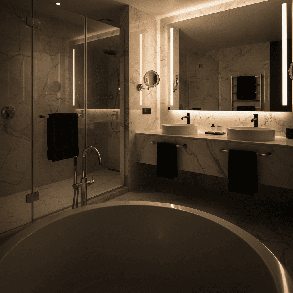 Luxury marble bathroom with designer fixtures and ambient lighting