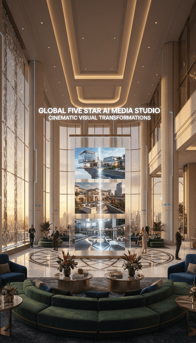 Website landing page for Global Five Star showcasing AI-powered cinematic visual transformations for luxury properties.