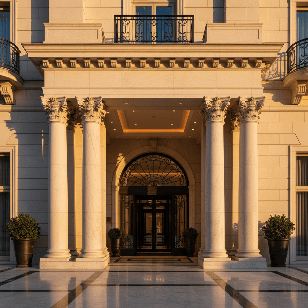 Luxury boutique hotel grand entrance at golden hour