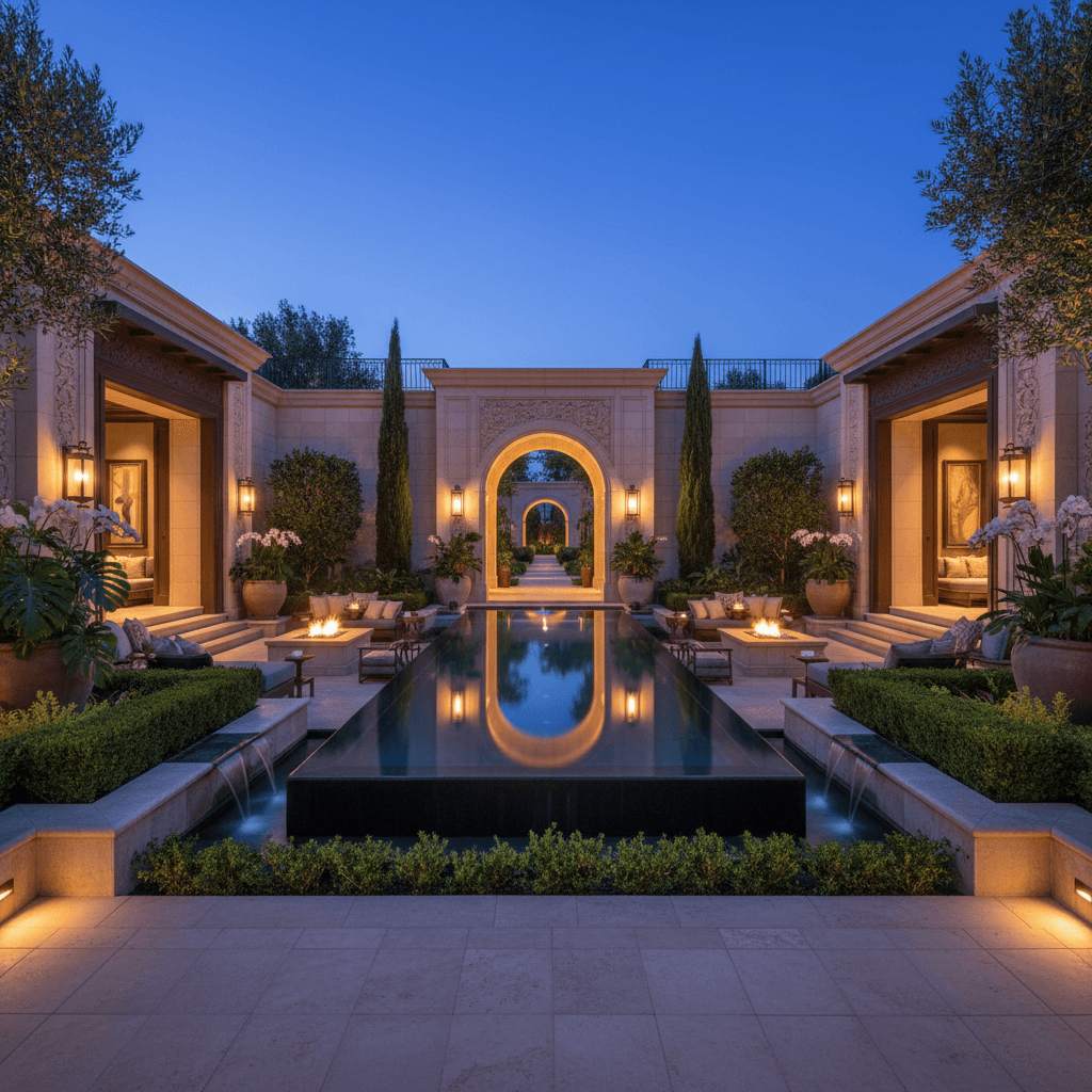 Resort courtyard at dusk with ambient lighting design