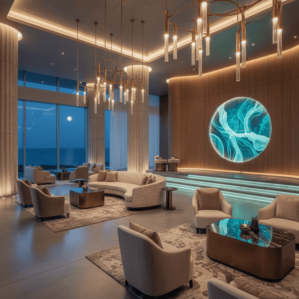 Modern resort lounge with custom furnishings and ambient design lighting
