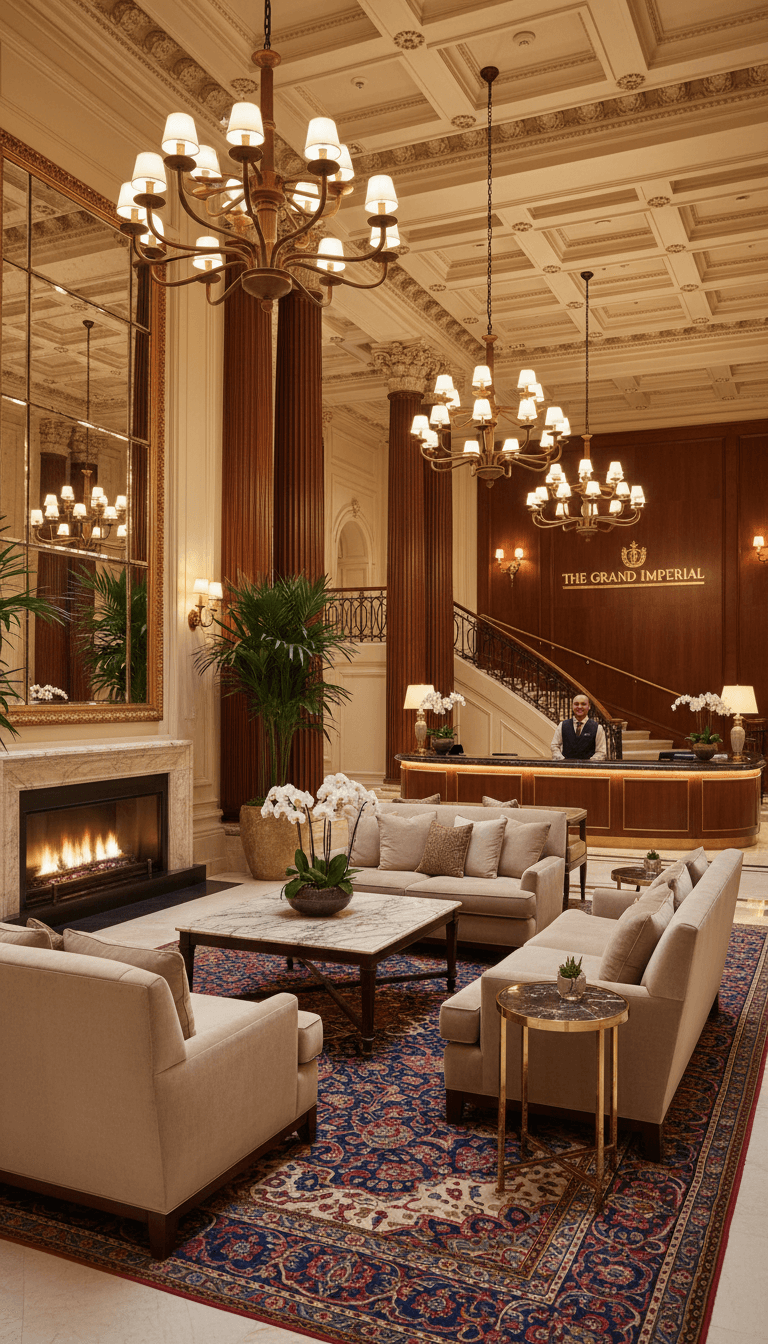 Elegant luxury hotel lobby with ambient lighting and sophisticated decor