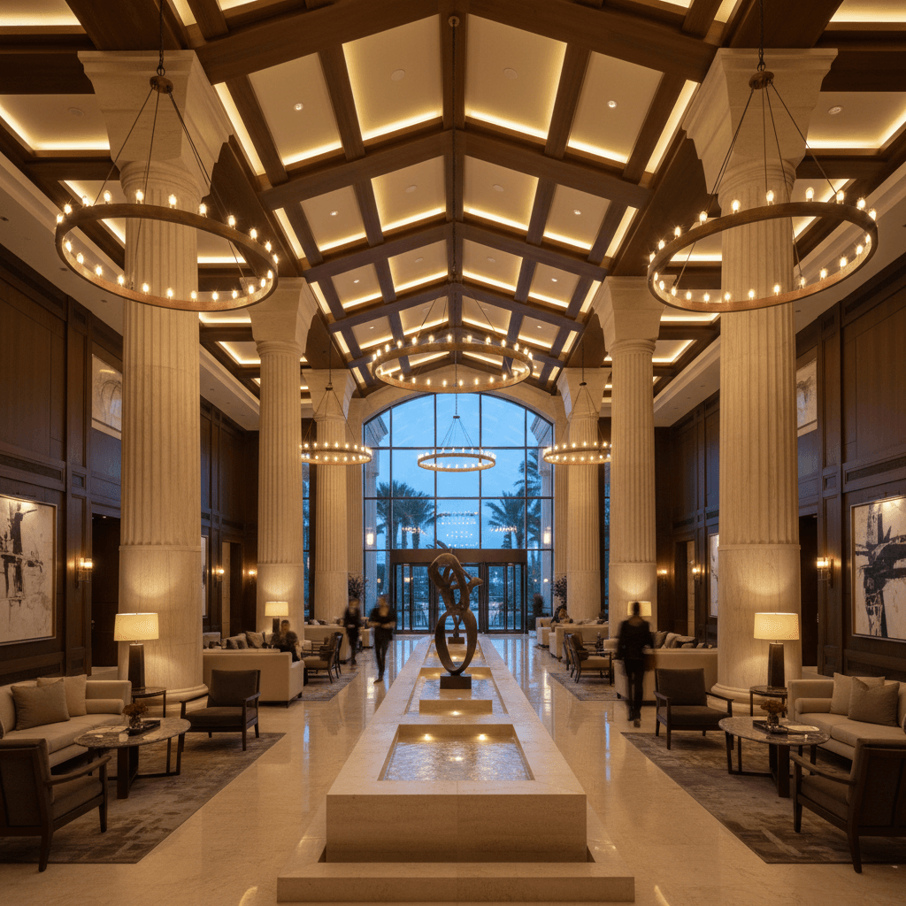 Grand resort lobby with architectural lighting and luxury materials