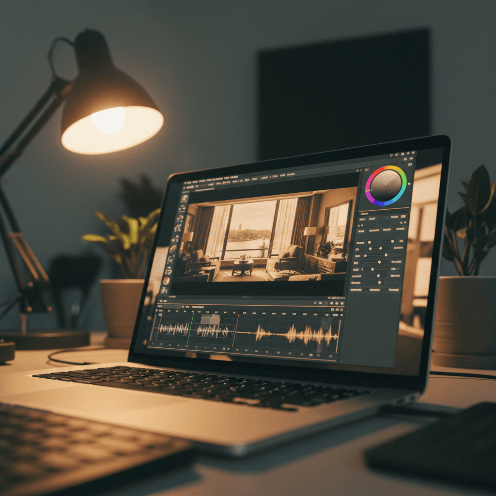 Cinematic AI editing in progress on studio monitor