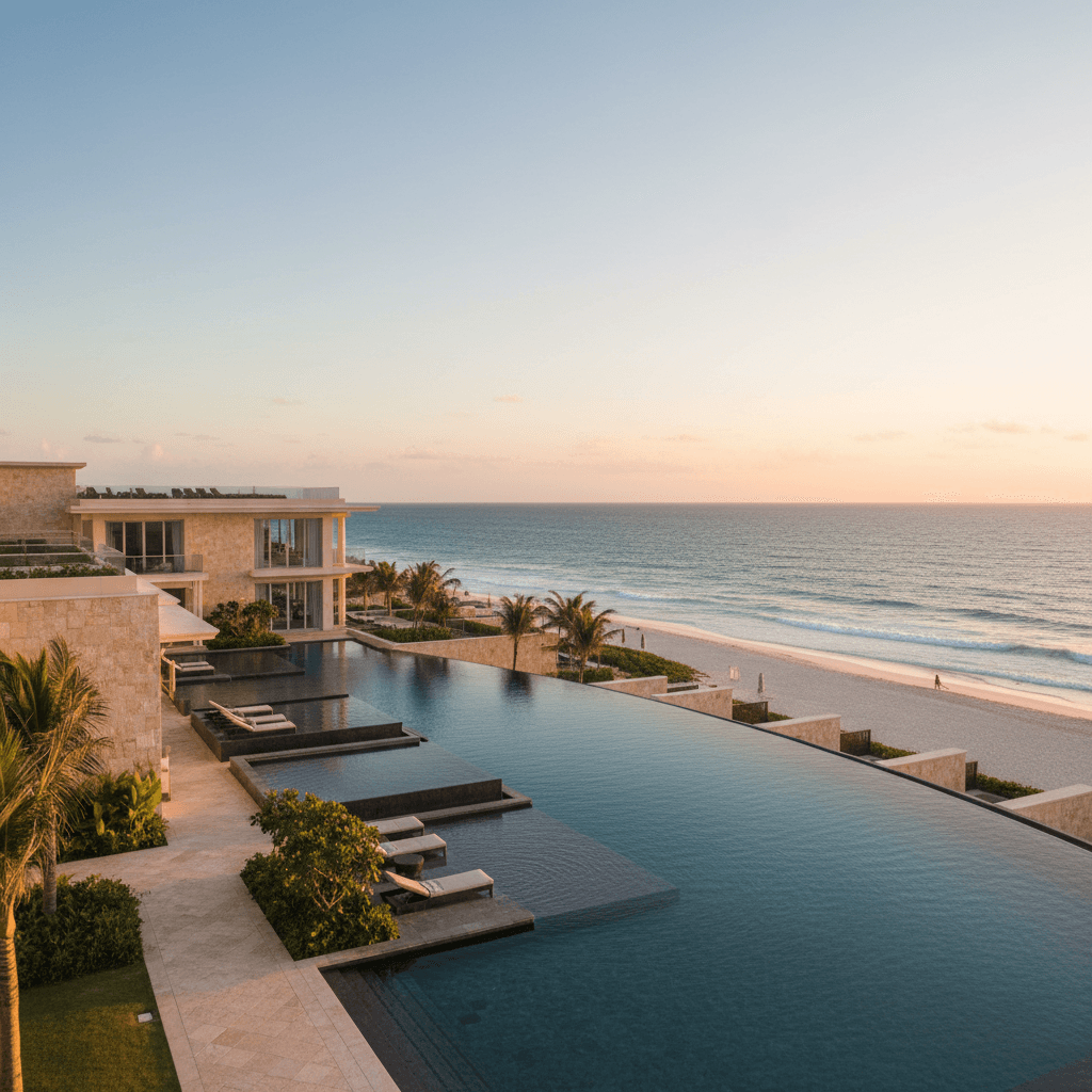 Luxury beachfront resort at golden hour with ocean views