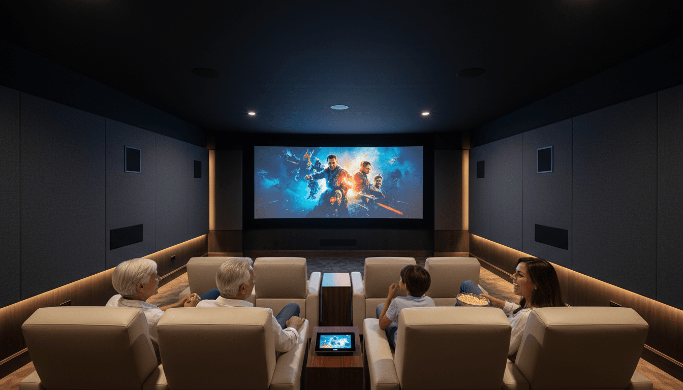 Family enjoying sophisticated home theater installation with large projection screen and premium leather seating in dark theater room