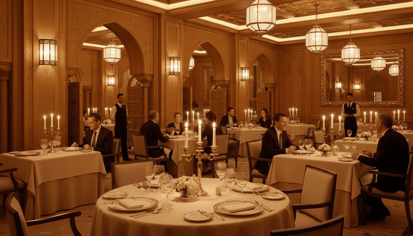 Elegant upscale dining room with warm gold décor, candlelit tables, and diverse patrons enjoying fine dining service