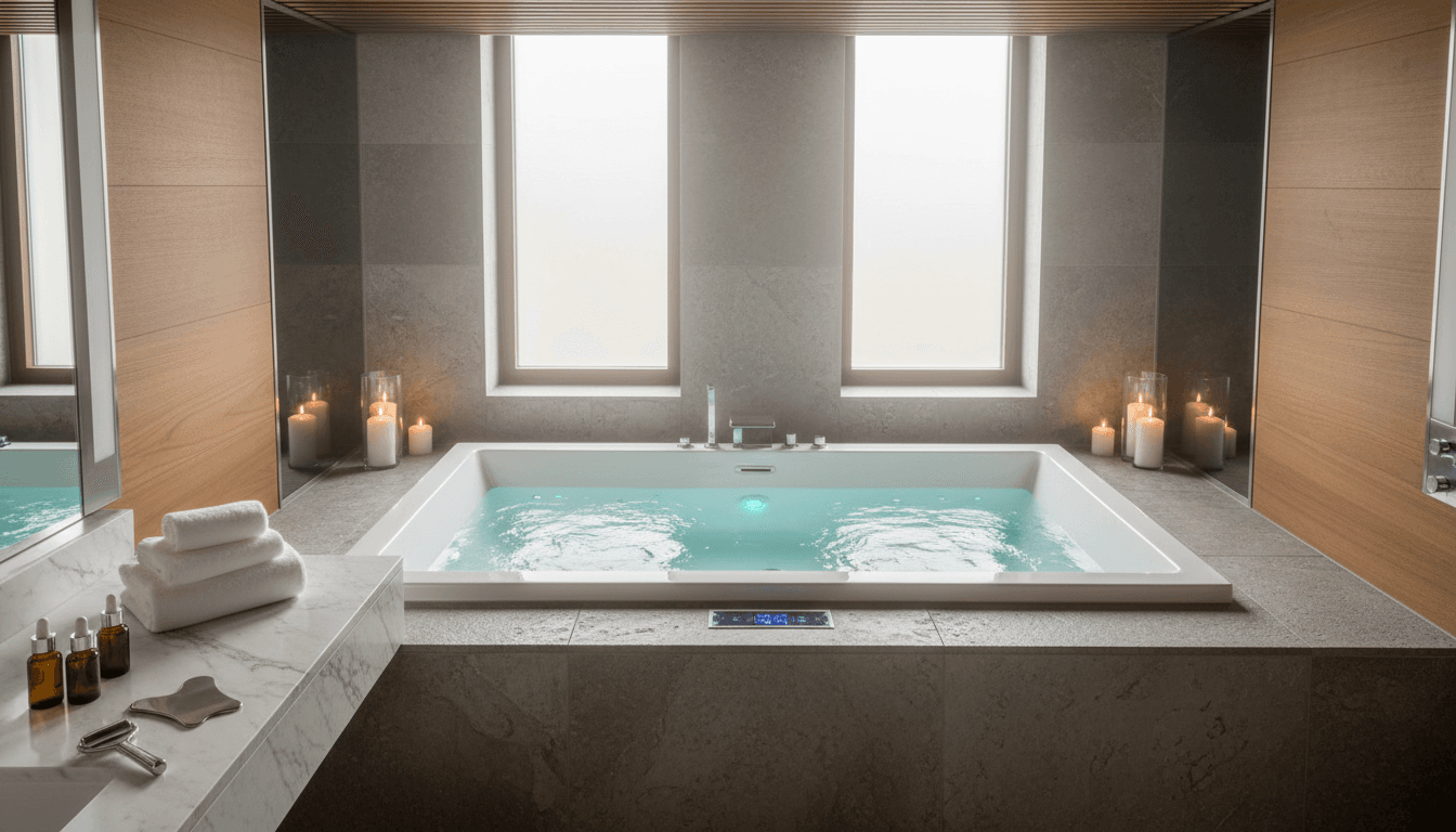 Luxurious residential spa bathroom with integrated hydrotherapy tub, chromotherapy lighting, marble surfaces, and wellness accessories