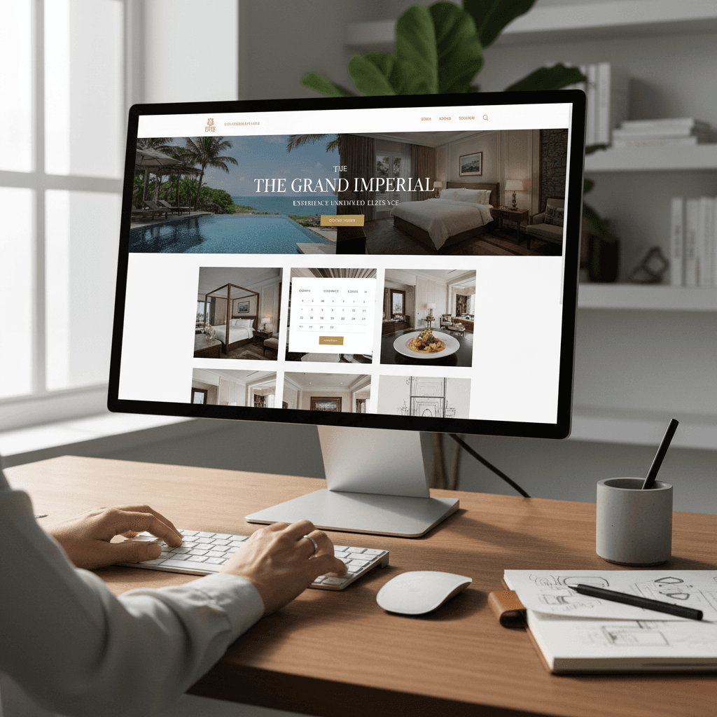 Web designer's hands at keyboard with luxury hospitality website displayed on desktop monitor in natural light