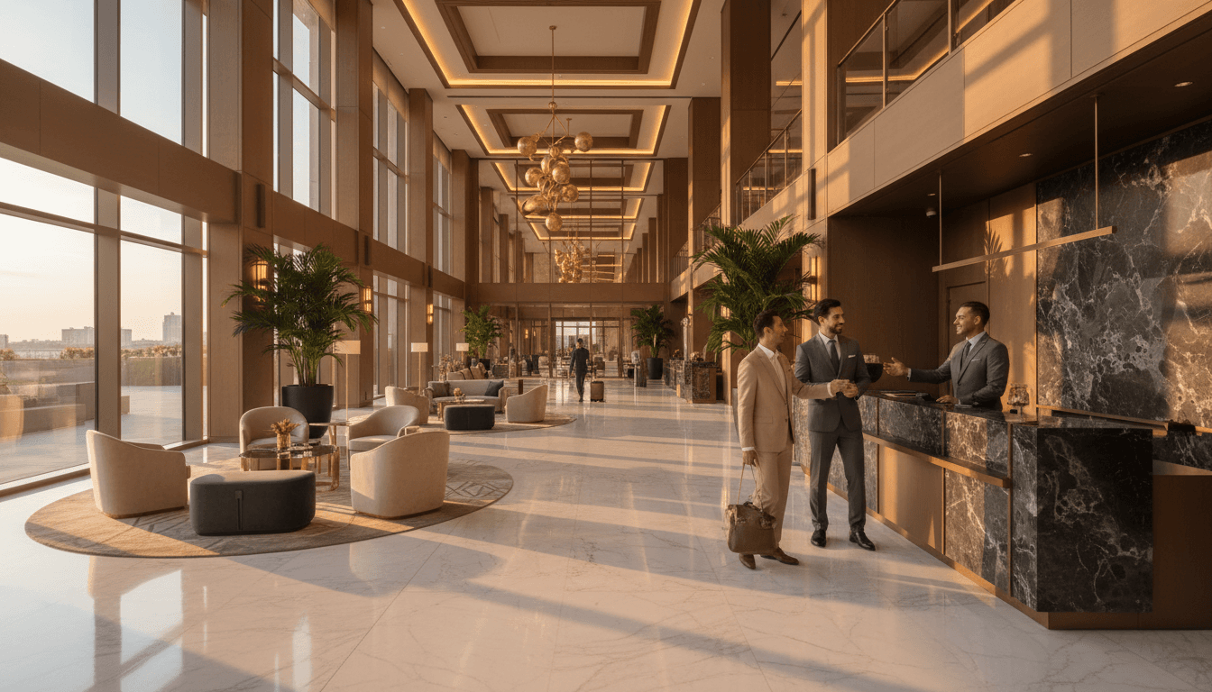 Spacious luxury hotel lobby with guests at marble check-in desk, concierge service, and natural light from floor-to-ceiling windows.