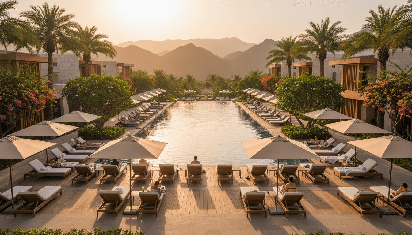 Luxury resort infinity pool overlooking mountains during golden hour with guests relaxing and tropical landscaping
