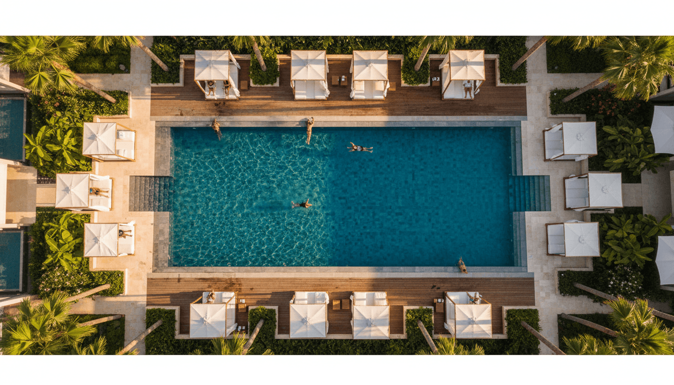 Overhead view of luxury resort pool with lounging areas, tropical landscaping, and guests relaxing during golden hour
