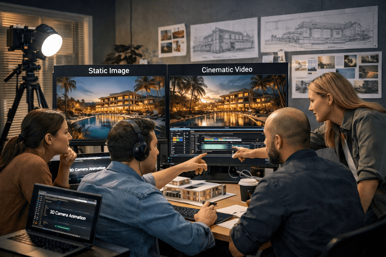 Three professionals reviewing architectural renders and cinematic video on dual monitors in a studio.