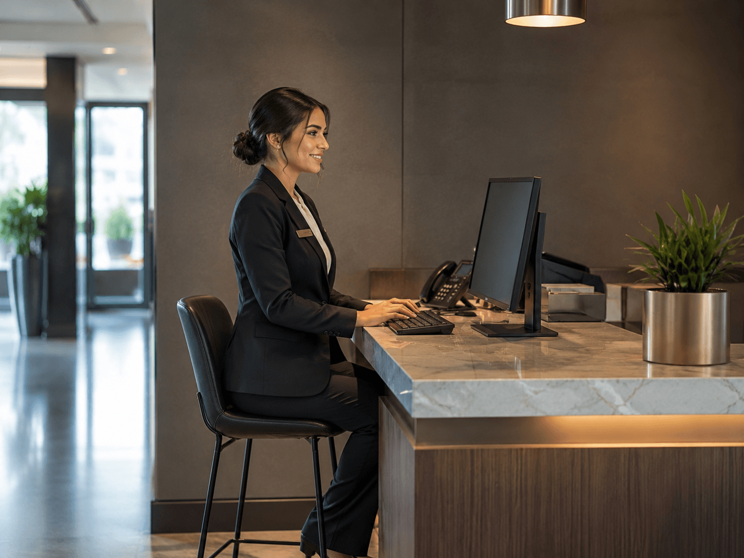 Smiling professional woman in a black suit typing at a modern marble reception desk.