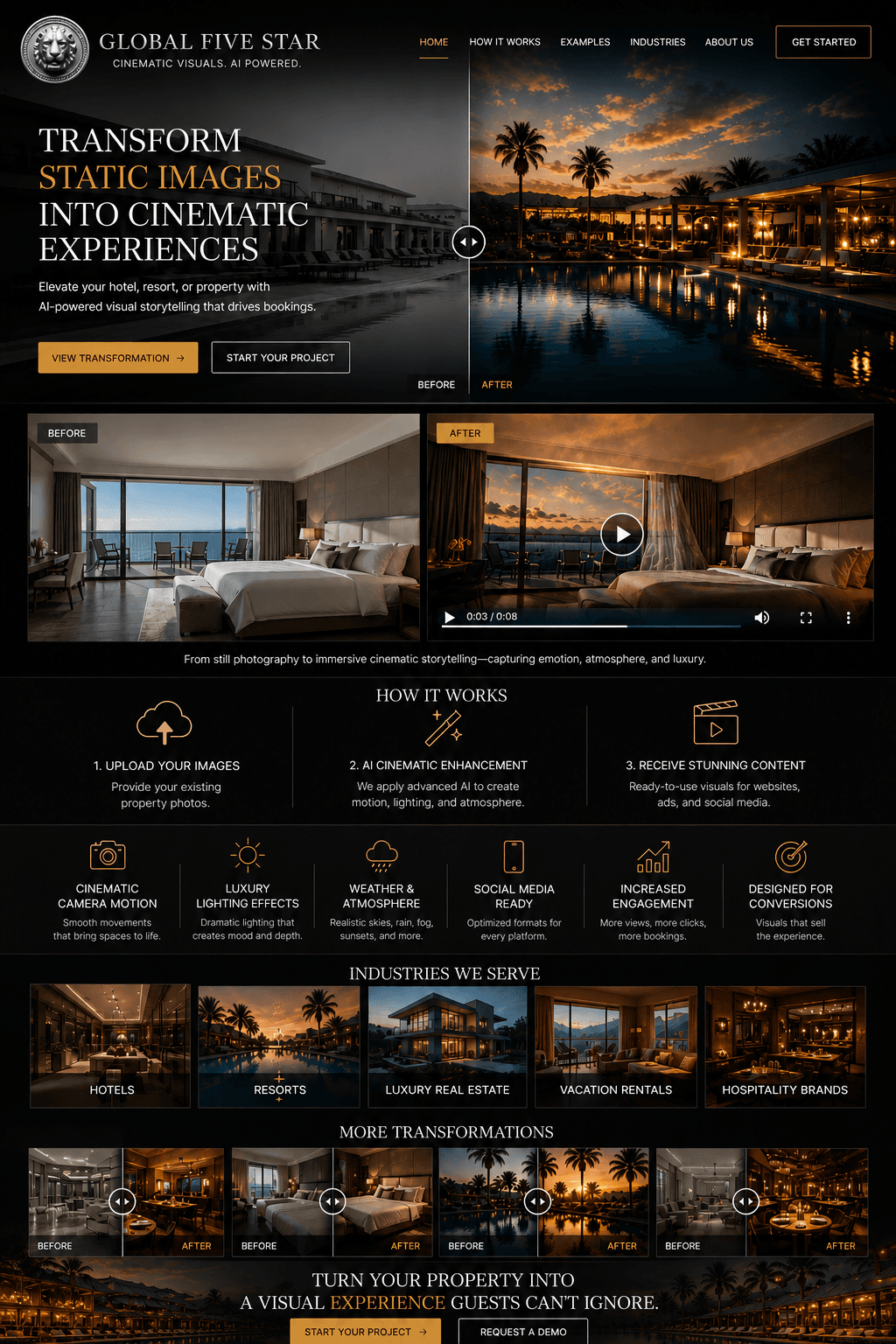 Global Five Star website landing page featuring AI-powered cinematic visual transformations for luxury properties.