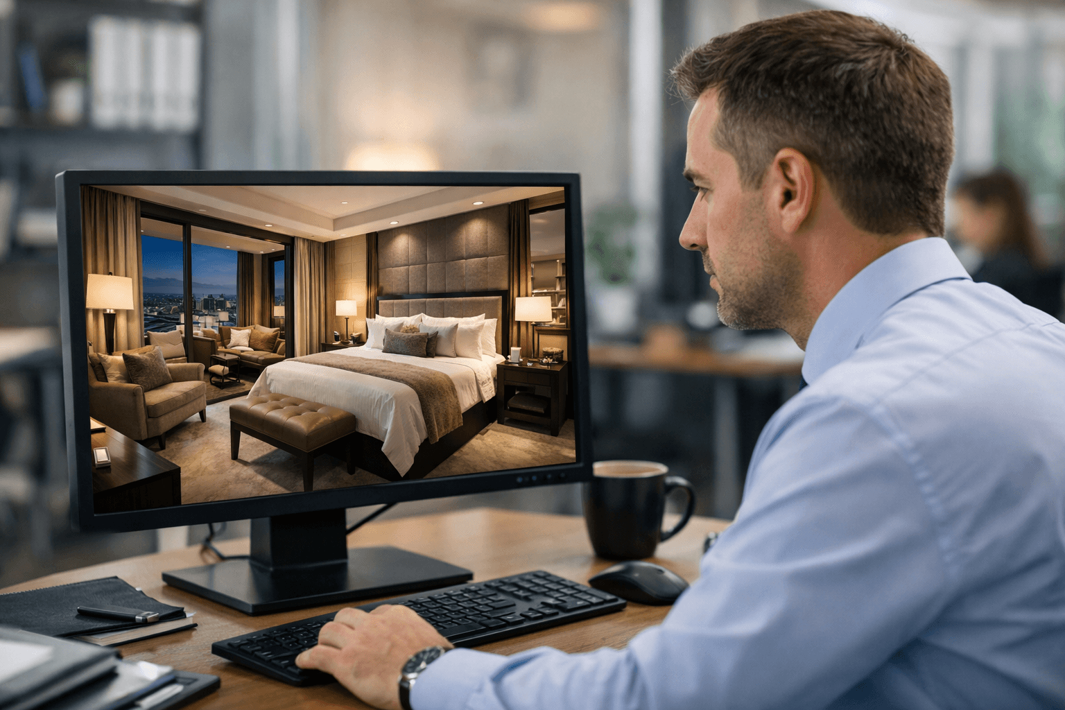 Man in a blue shirt viewing a luxury hotel suite on a computer monitor.
