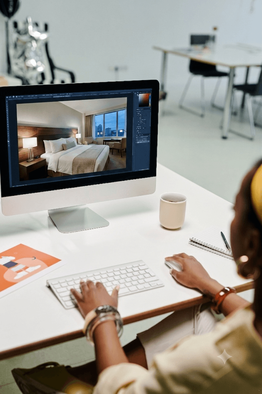 Woman at a desk editing a hotel room photo on a computer screen.