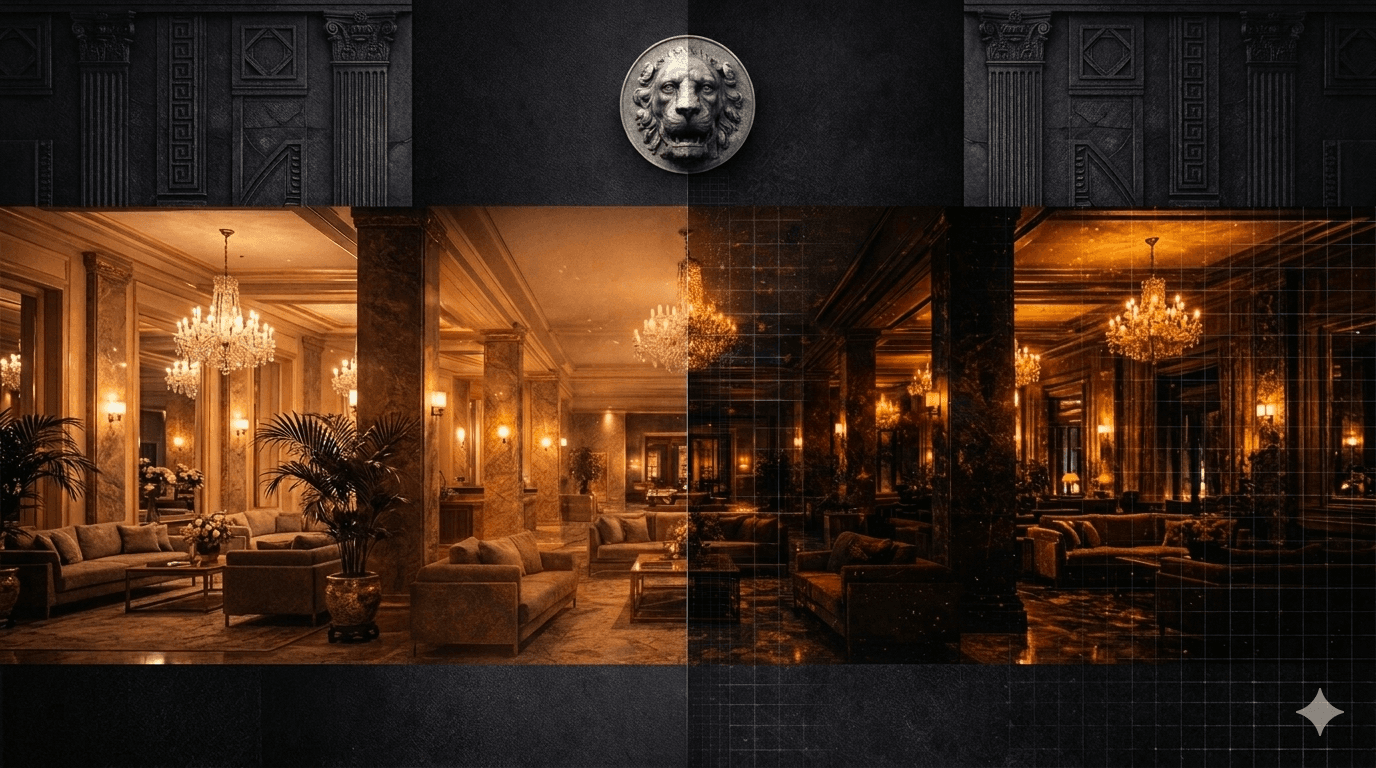 Luxurious lobby with marble columns and chandeliers, shown in contrasting bright and dark lighting.