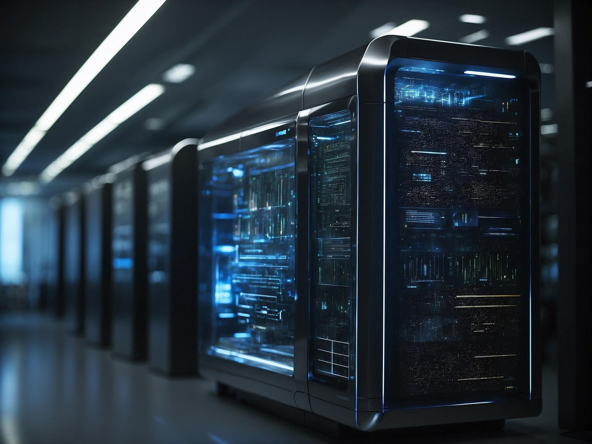 Sleek futuristic server racks with glowing blue digital displays in a dark data center.